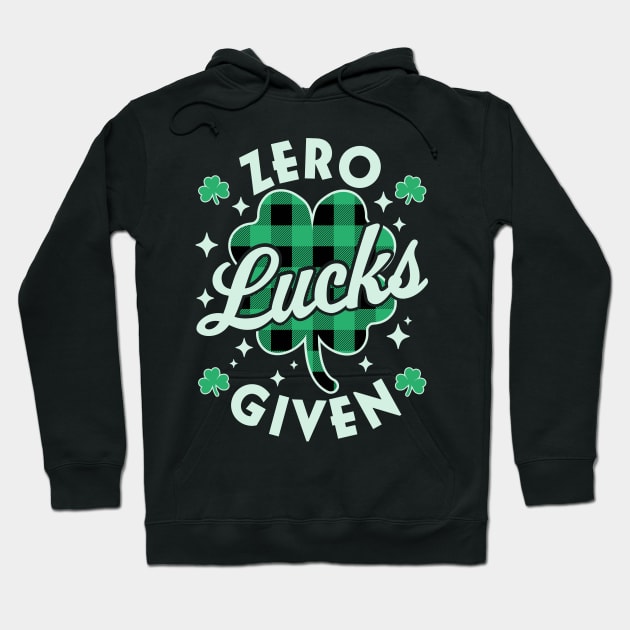 Zero Lucks Given Funny St Patricks Day Green Plaid Shamrock Hoodie by OrangeMonkeyArt